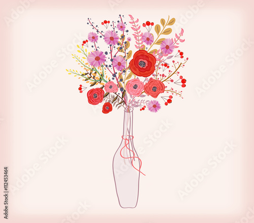 Beautiful card with watercolor flowers. bottle with love