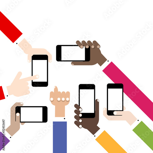 Hands hold smart phones, flat design