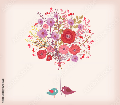 floral spring card. watercolor flowers and bird. fall in love