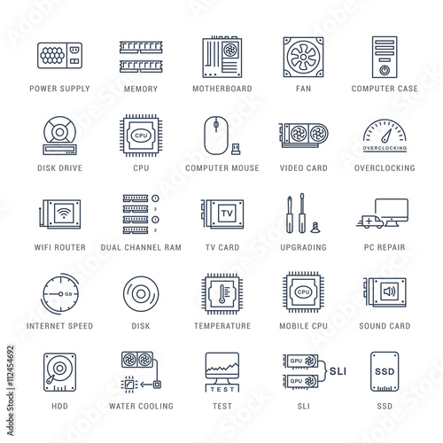 Set Vector Flat Line Icons Upgrading Computer