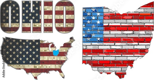 USA state of Ohio on a brick wall - Illustration,
The flag of the state of Ohio on brick textured background, 
Font with the United States flag, 
Ohio map on a brick wall