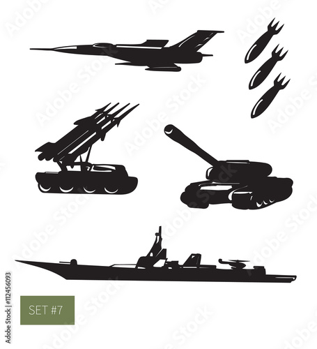 Vector illustration. Military set: frigate, aircraft, tank and other weapon. Black on white background icons.