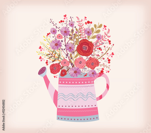 watering can with a bouquet of watercolor flowers