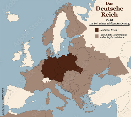 Third Reich at its greatest extent in 1942. Map of Nazi Germany in Europe in Second World War with todays state borders. GERMAN LABELING 