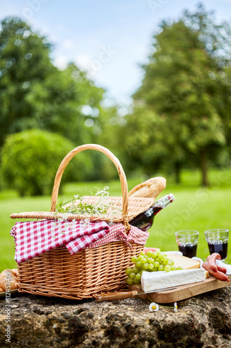Tasty spring picnic lunch with red wine