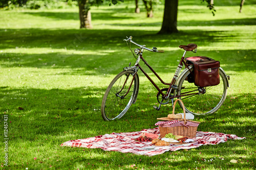 Bicycle and picnic spread in a lush green park
