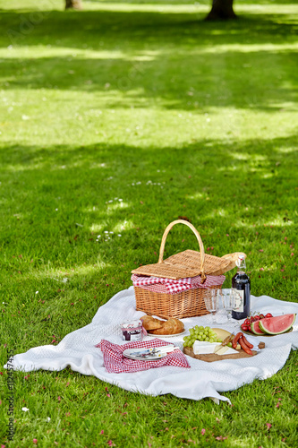 Wicker picnic hamper outdoors in a spring park