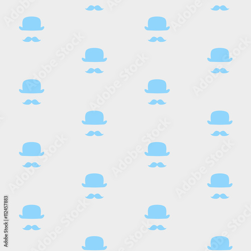 Vector seamless Mustache and hat pattern on the grey background. Suitable for fabrics, textile print, wrapping paper, web background and other.
