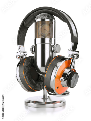 Professional studio microphone and headphones closeup, isolated