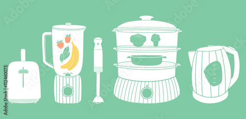 Hand drawn set of cooking appliances. Vector blender, toaster, steamer, electric kettle 