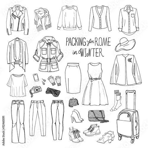 Vector illustration of packing for Rome in winter. Sketch of clothes and accessories for design. Black and white woman fashion collection set. Winter travel luggage.