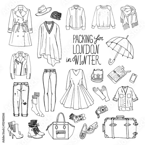 Vector illustration of packing for London in winter. Sketch of clothes and accessories for design. Black and white woman fashion collection set. Winter travel luggage.