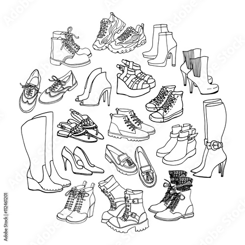 Vector illustration of female shoes, boots set. Hand-drown footwear illustrations. Black and white doodle fashion collection.
