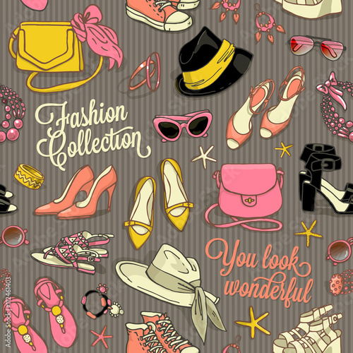 Hand drawn vector seamless pattern of shoes bags and female fashion accessories