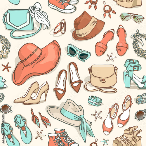 Hand drawn vector seamless pattern of shoes bags and female fashion accessories