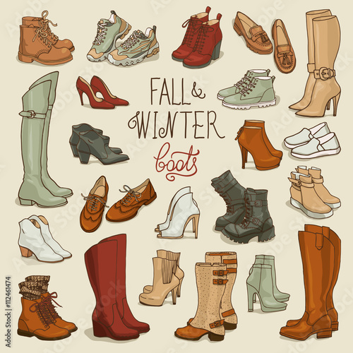 Vector illustration of  female fall and winter shoes, boots set. Hand-drown footwear illustrations. Fashion collection sketch.