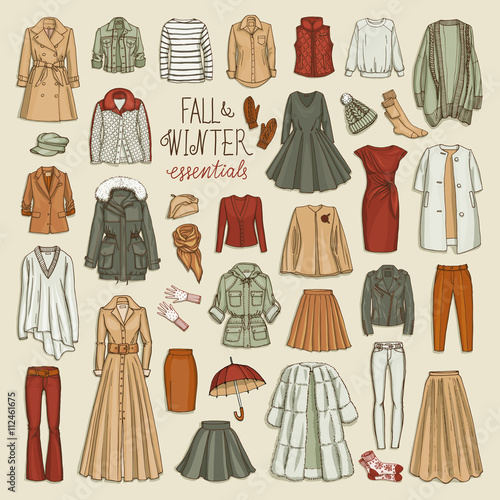 Vector illustration of female fall and winter fashion collection of clothes. Hand-drown objects sketch with coats, dresses, skirts, jacket, trousers, hats, gloves, socks.