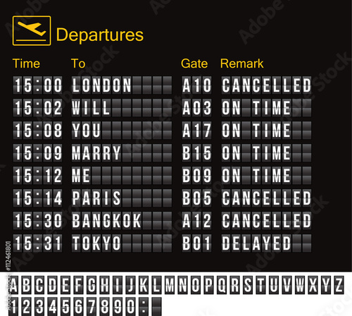 Vector airport board isolated. Realistic flip scoreboard airport