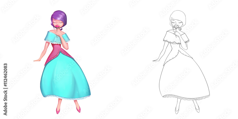Coloring Book and Princess Girl Character Design Set 4 Beautiful Blue Long Skirt Girl Smell Rose isolated on White Background Realistic Fantastic Cartoon Style Character Story Card Sticker Design Coloring Book and Princess Girl Character Design Set 4 Beautiful Blue Long Skirt Girl Smell Rose isolated on White Background Realistic Fantastic Cartoon Style Character Story Card Sticker Design