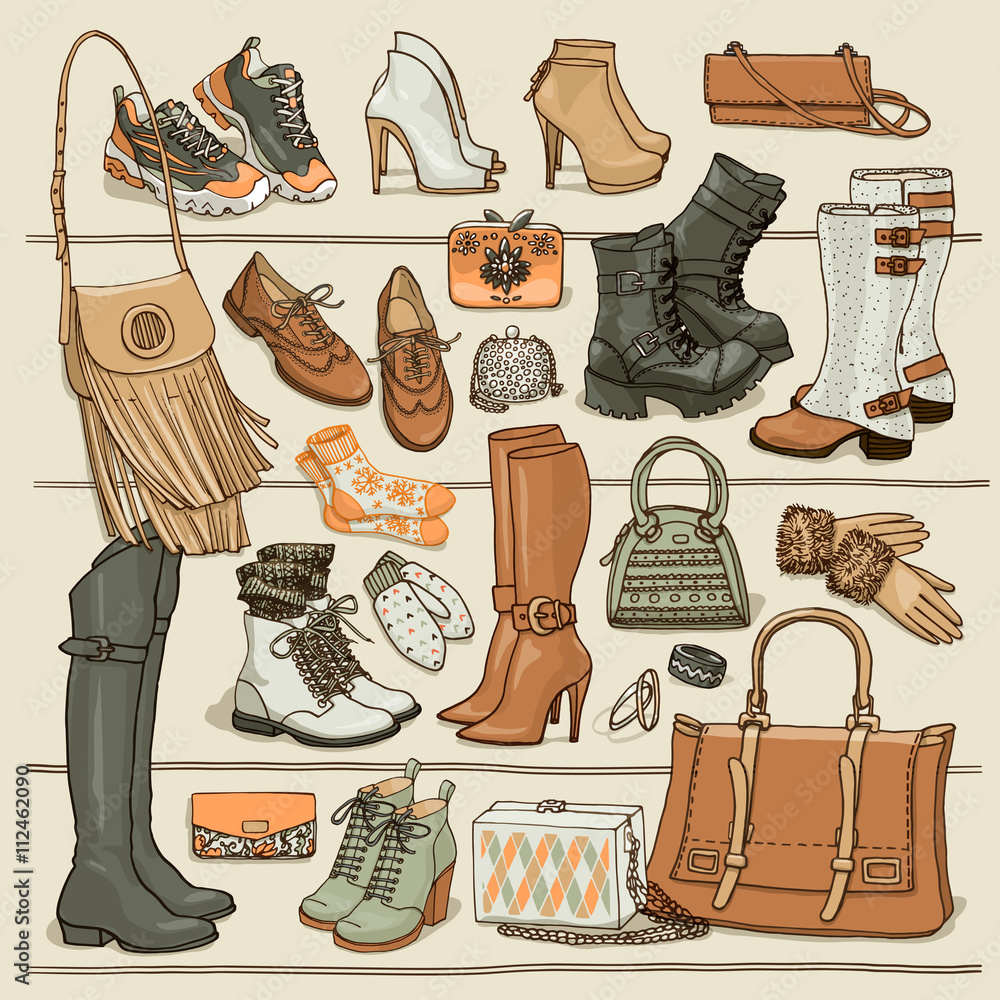 Hand drawn vector Illustration of woman fashion accessories. Side view of  shoes and bags on shelf. Fall and winter shoes, boots, bags set. Fashion  collection sketch. vector de Stock | Adobe Stock