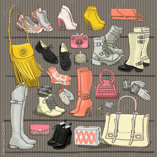 Hand drawn vector Illustration of woman fashion accessories. Side view of shoes and bags on shelf. Fall and winter shoes, boots, bags set. Fashion collection sketch.