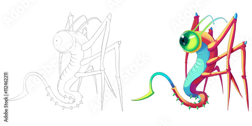 Coloring Book and Monster Creature Character Design Set 49 Snake Locust Mantis Insect Creature Monster isolated on White Background Realistic Fantasy Cartoon Style Character Story Card Sticker Design