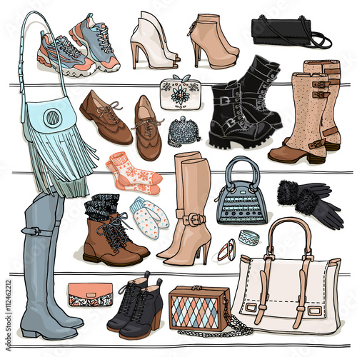 Hand drawn vector Illustration of woman fashion accessories. Side view of shoes and bags on shelf. Fall and winter shoes, boots, bags set. Fashion collection sketch.