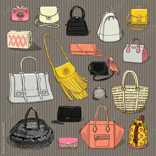 Vector illustration of woman fashion collection of bags. Hand-drown objects sketch isolated on beige background.