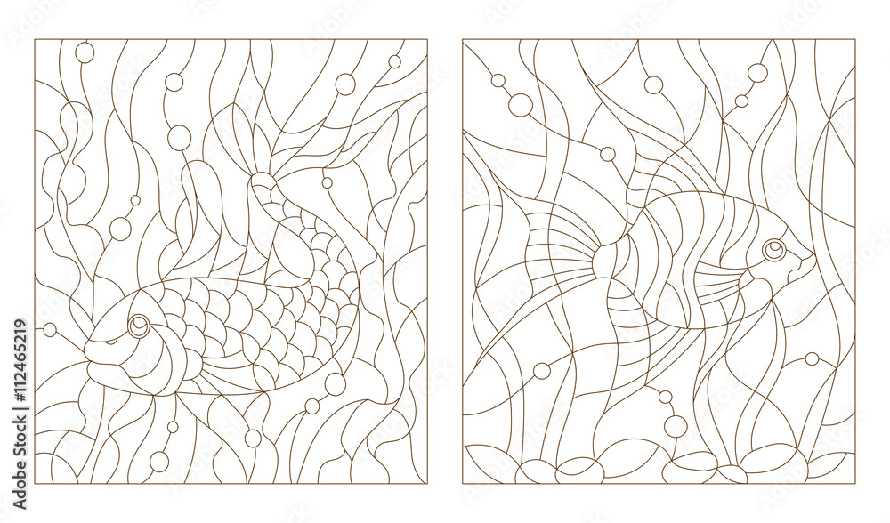 Set contour illustrations of stained glass with aquarium fish, the goldfish and scalars
