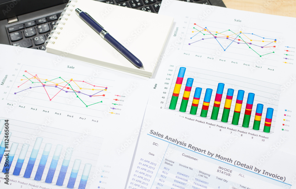 Sale analysis report show result of growth success charts and graphs on document paperwork with laptop, crumpled paper idea Sale analysis report show result of growth success charts and graphs on document paperwork with laptop, crumpled paper idea
