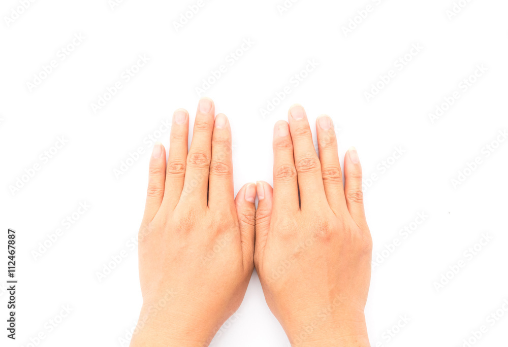 Top view woman hands praying on white background, religion concept Top view woman hands praying on white background, religion concept