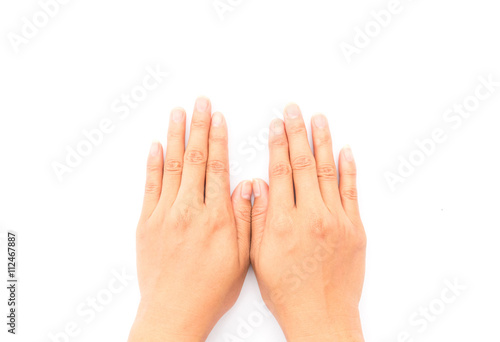 Top view woman hands praying on white background, religion concept 