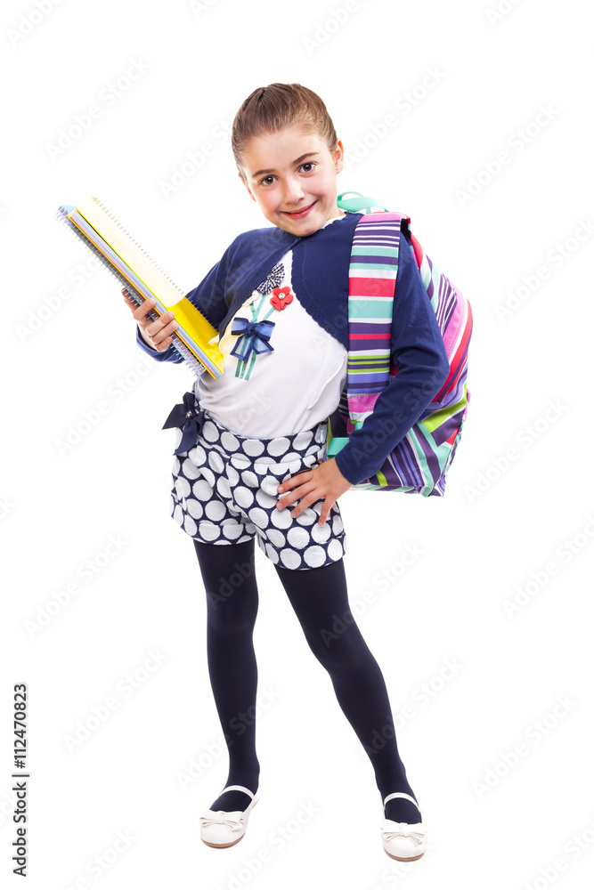 Preschool student girl carrying notebooks and backpack on white Preschool student girl carrying notebooks and backpack on white