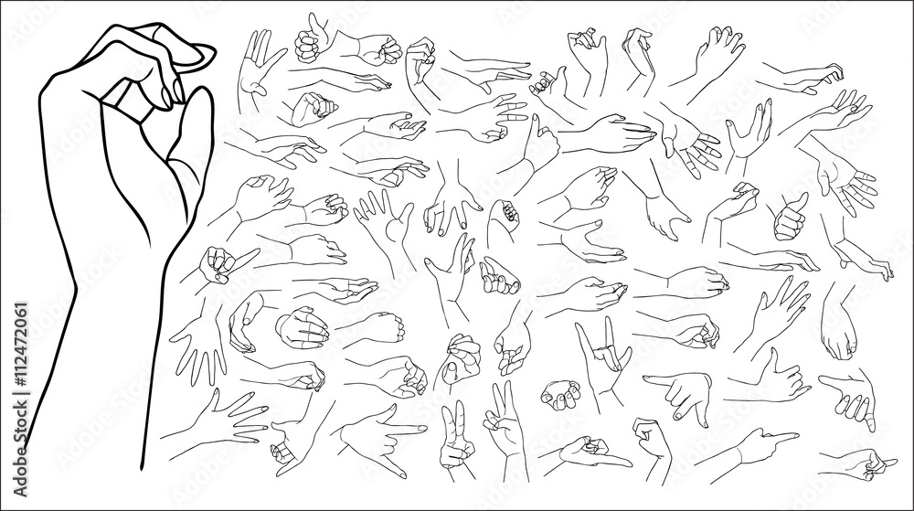 The vector illustrated set of outlined hand drawn hands with various gestures, big set.