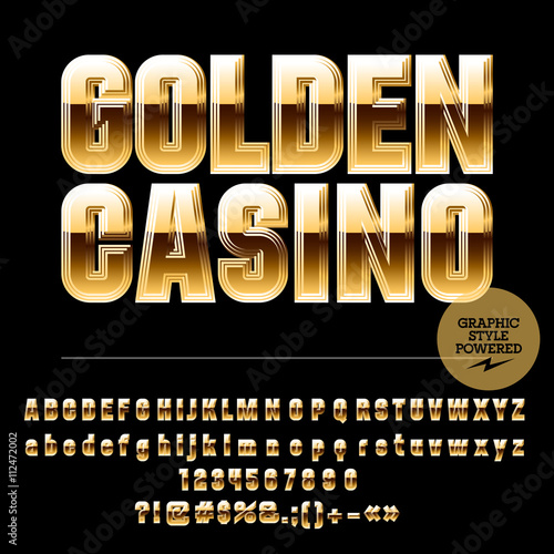 Royal golden set of alphabet letters, numbers and punctuation symbols. Vector luxury logotype with text Golden casino