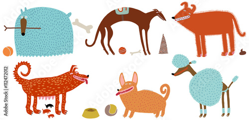 The vector illustration of various blue and orange dogs