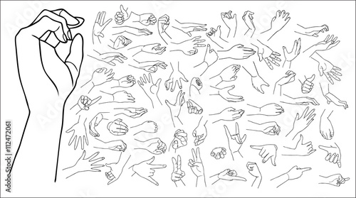The vector illustrated set of outlined hand drawn hands with various gestures, big set.