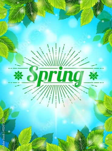 Bright Spring realistic background, blue sky, green leaves. Sunburst text, glare, glow. Template for web design. Vector illustration