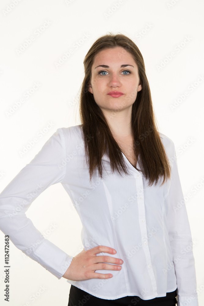 Confident and Smiling brunette hair woman holding hands on hips Confident and Smiling brunette hair woman holding hands on hips