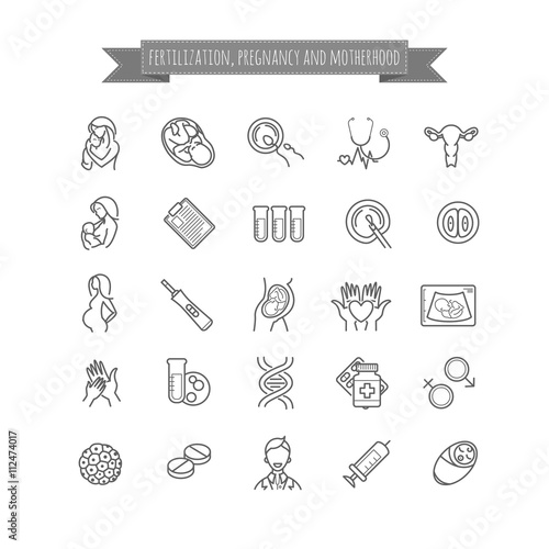 Vector set of fertilization, pregnancy and motherhood icons