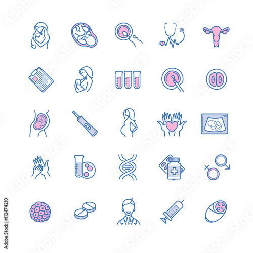 Vector icon set of fertilization, pregnancy and motherhood. Gyne