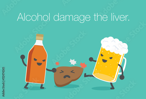 Liquor bottles and beer attack the liver. This illustration meaning to drinking alcohol inflict severe damage to the liver.