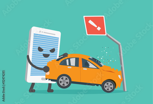 Telephone lifting a car crash with road signs. This illustration meaning to using a phone while driving make car accident