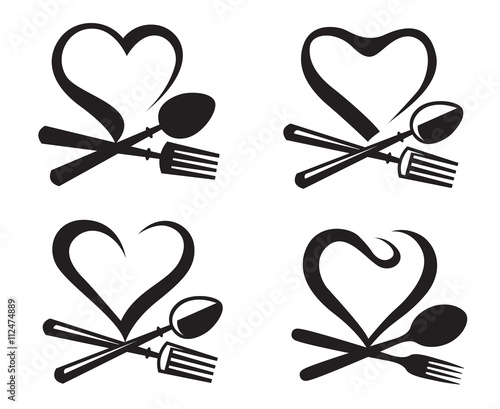 black illustration of icons collection with spoon, fork and heart
