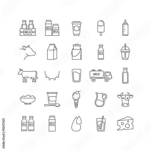 Vector thin line set of milk, dairy and cows