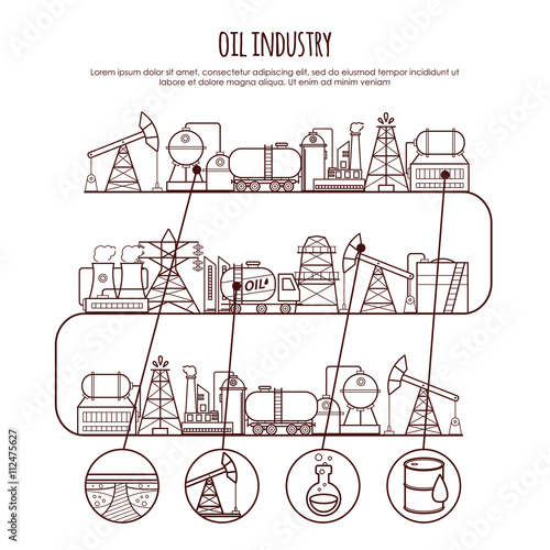 Vector thin line oil industry infographic. Oil extraction, proce
