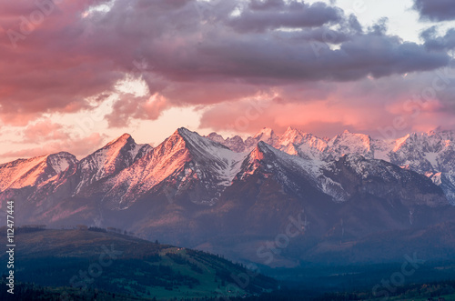 Beautiful spring panorama over Spisz highland to snowy Tatra mountains in the morning, Poland