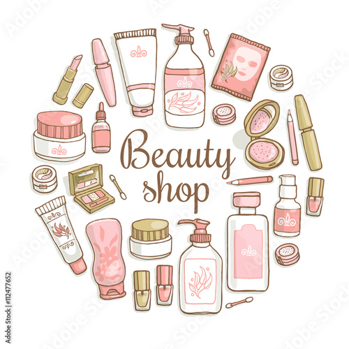 Glamorous hand drawn card template with make up objects – shampoo, cream, lipstick, mascara nail-polish, perfume, lotion, eyeshadow. Doodle cosmetics background for beauty shop.
