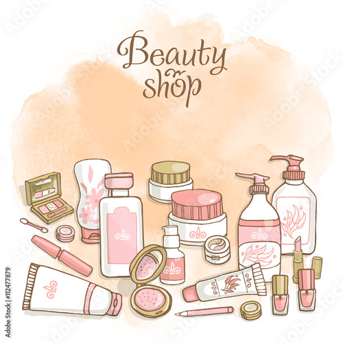 Hand drawn flayers template for make-up products. Vector background for corporate identity beauty shop. Printed materials for brochures  folder  flayers  banners.
