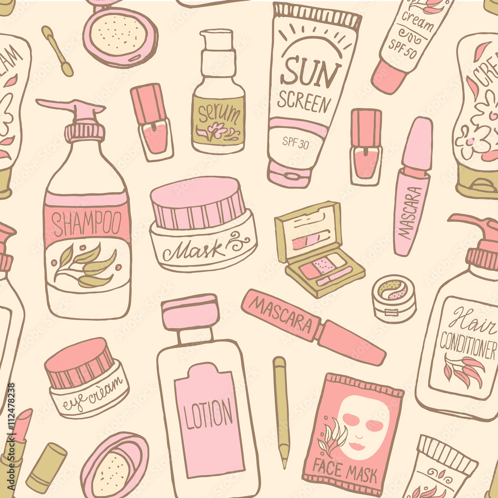  Vector seamless pattern with beauty products and cosmetics